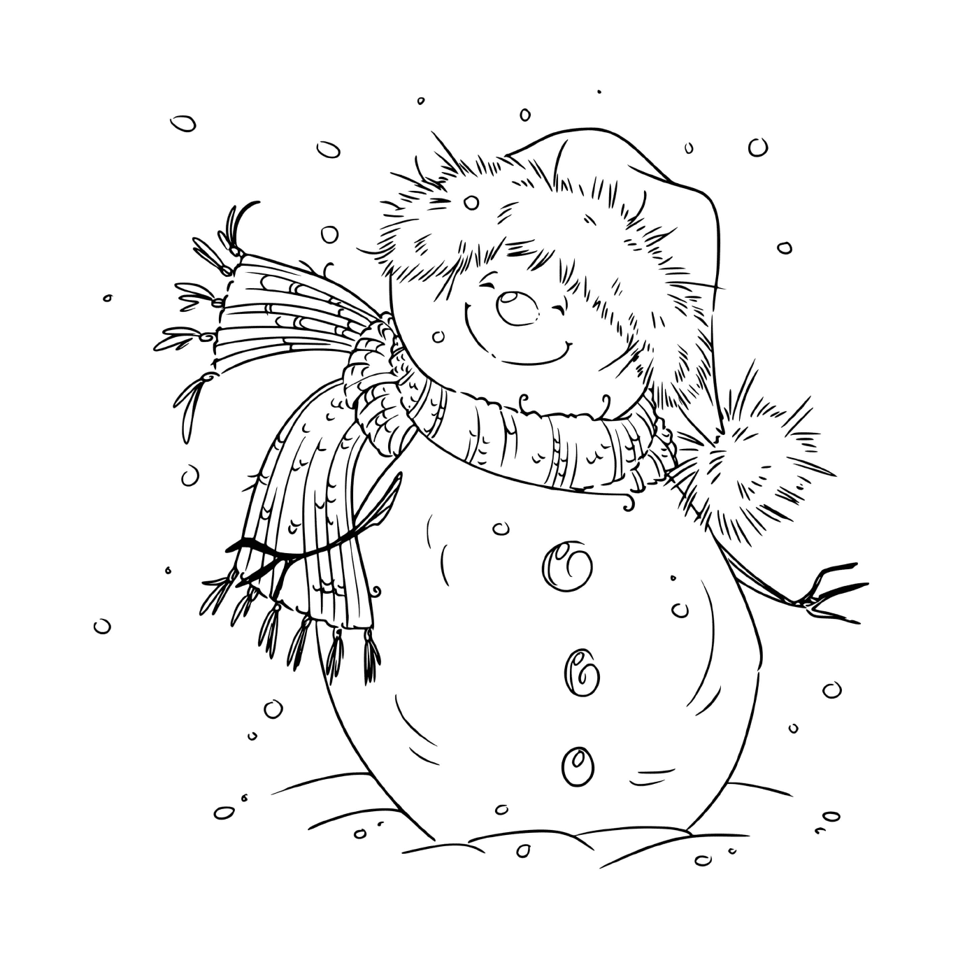   Un bonhomme de neige souriant par le vent frais la veille de Noël 
