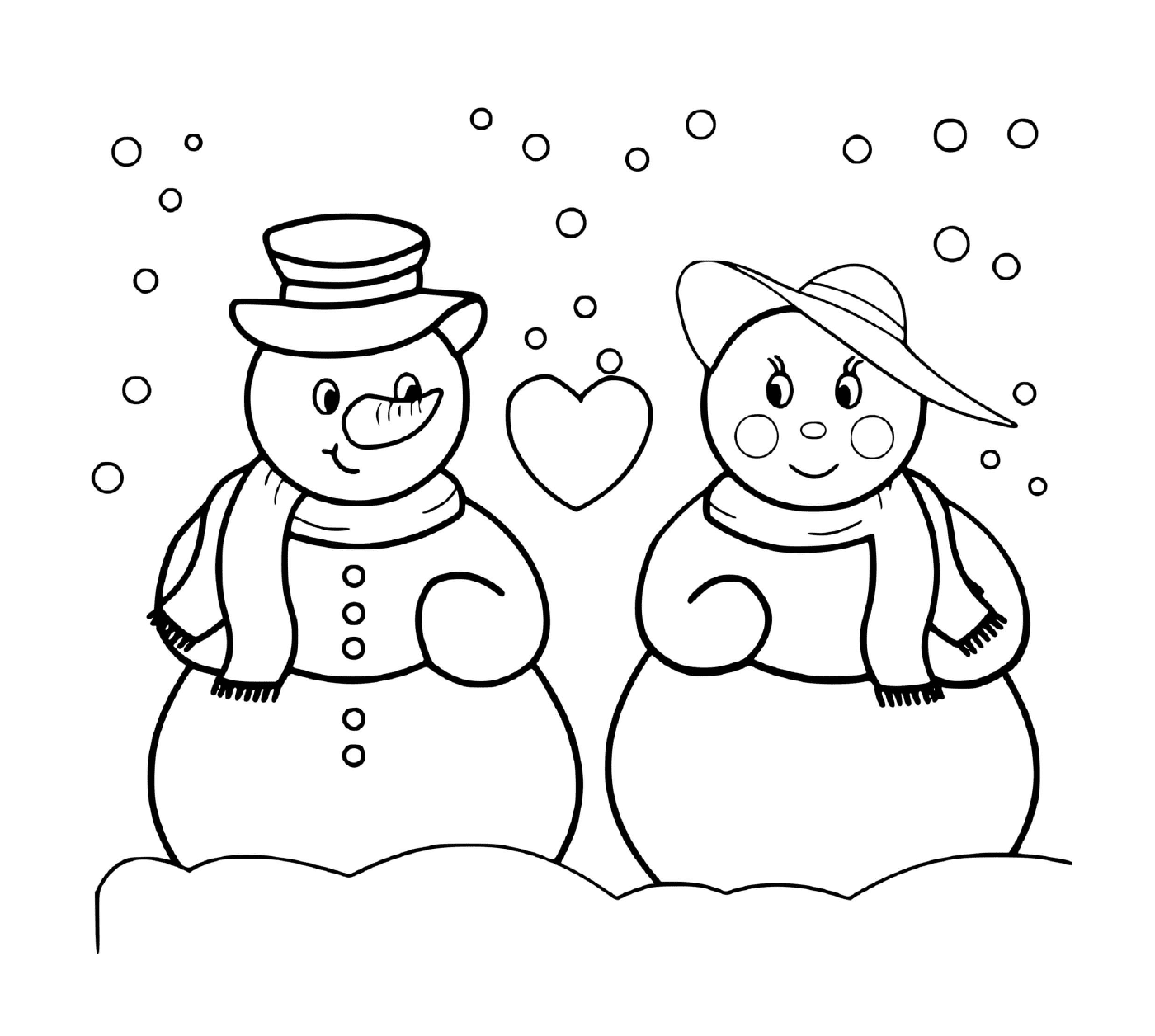  Amour hivernal entre deux bonhommes de neige 
