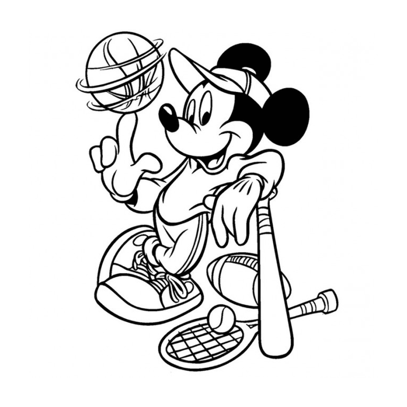   Sport, Disney, Mickey Mouse tenant une batte de baseball et un ballon 