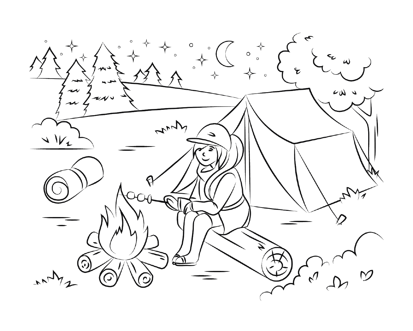   Fille faisant du camping et faisant griller des guimauves pendant l'été 