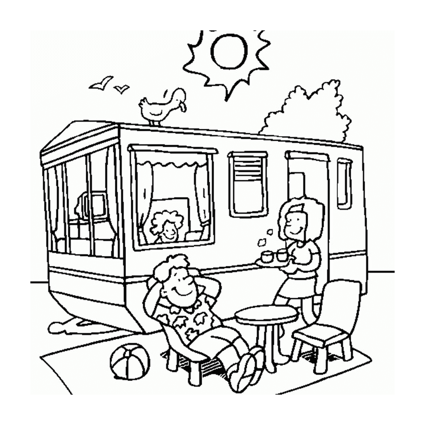   Des personnes assises devant un camping-car en vacances d'été 
