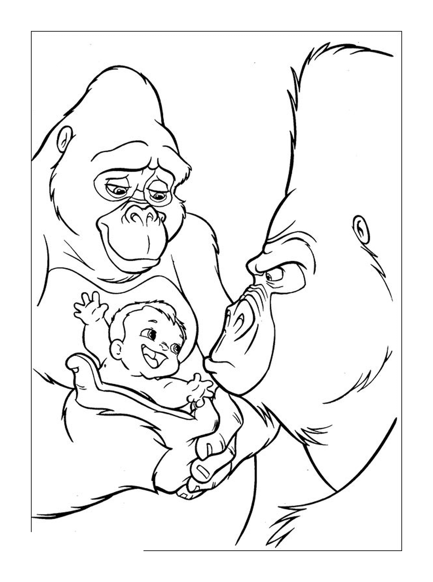   Adulte et bébé gorille avec un bébé 