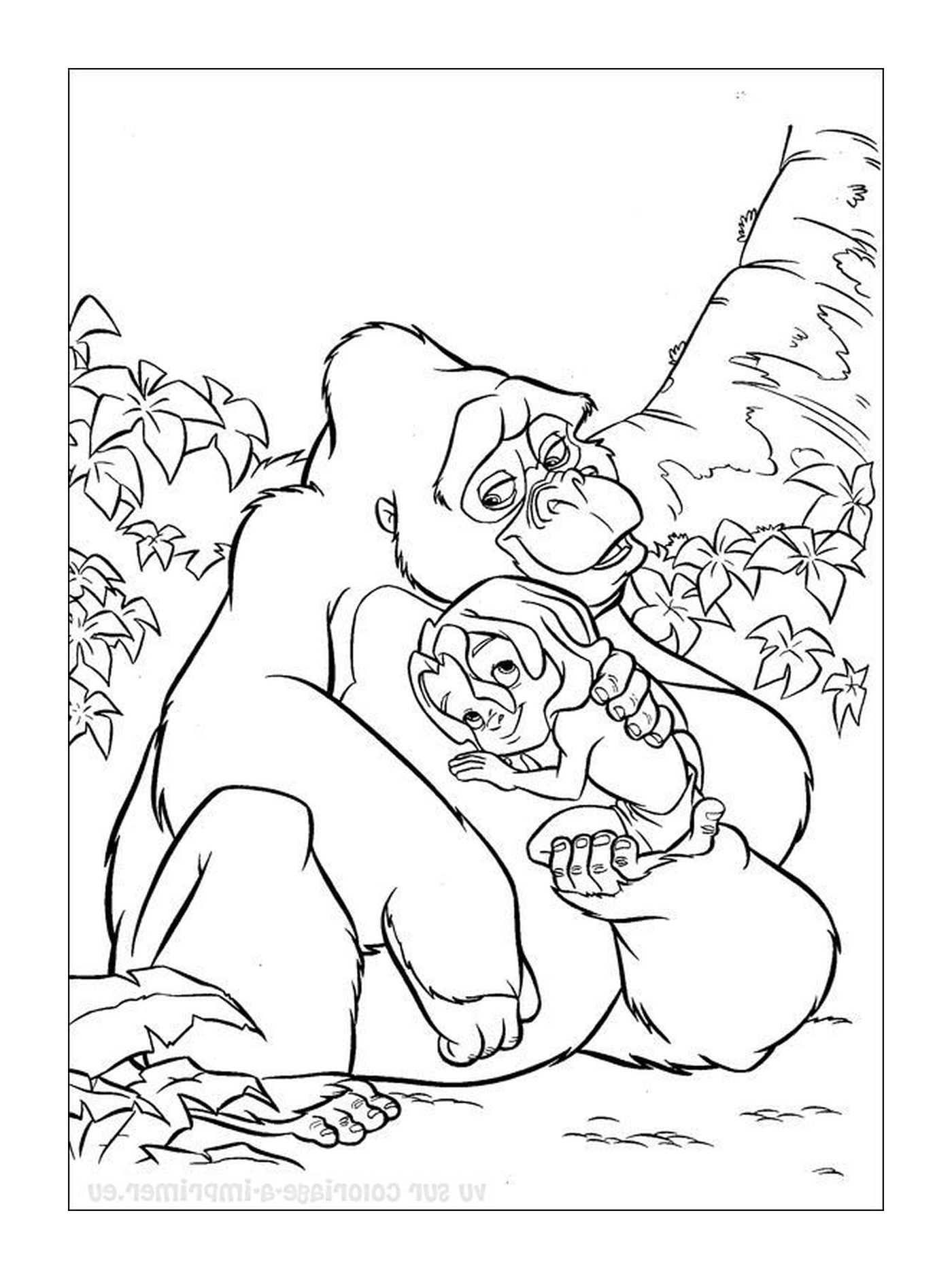  Gorille tenant un bébé gorille dans ses bras 