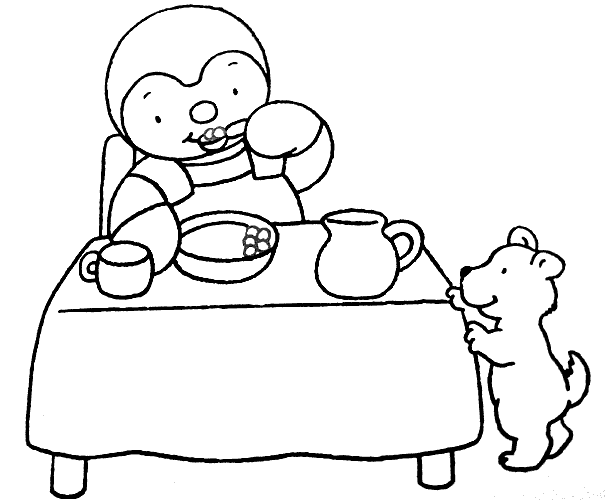   Ours en peluche assis à une table mangeant dans un bol 