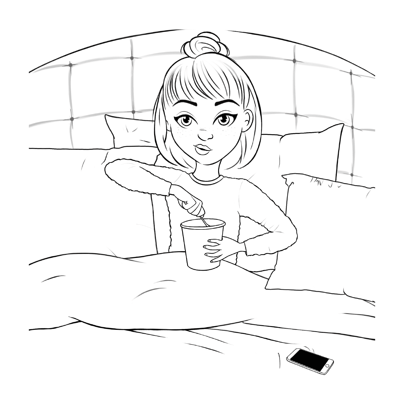   Fille adolescente au lit avec une glace 