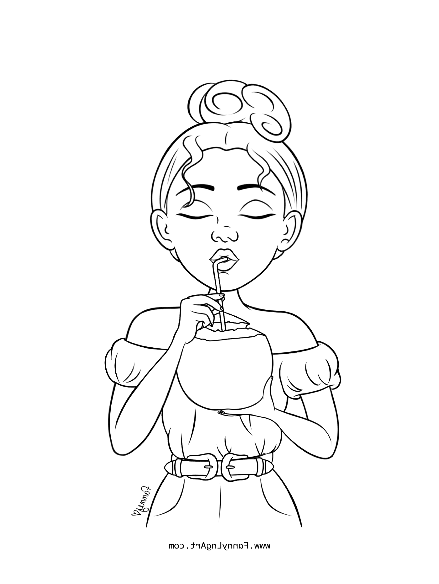   Jeune fille buvant une boisson à la noix de coco 