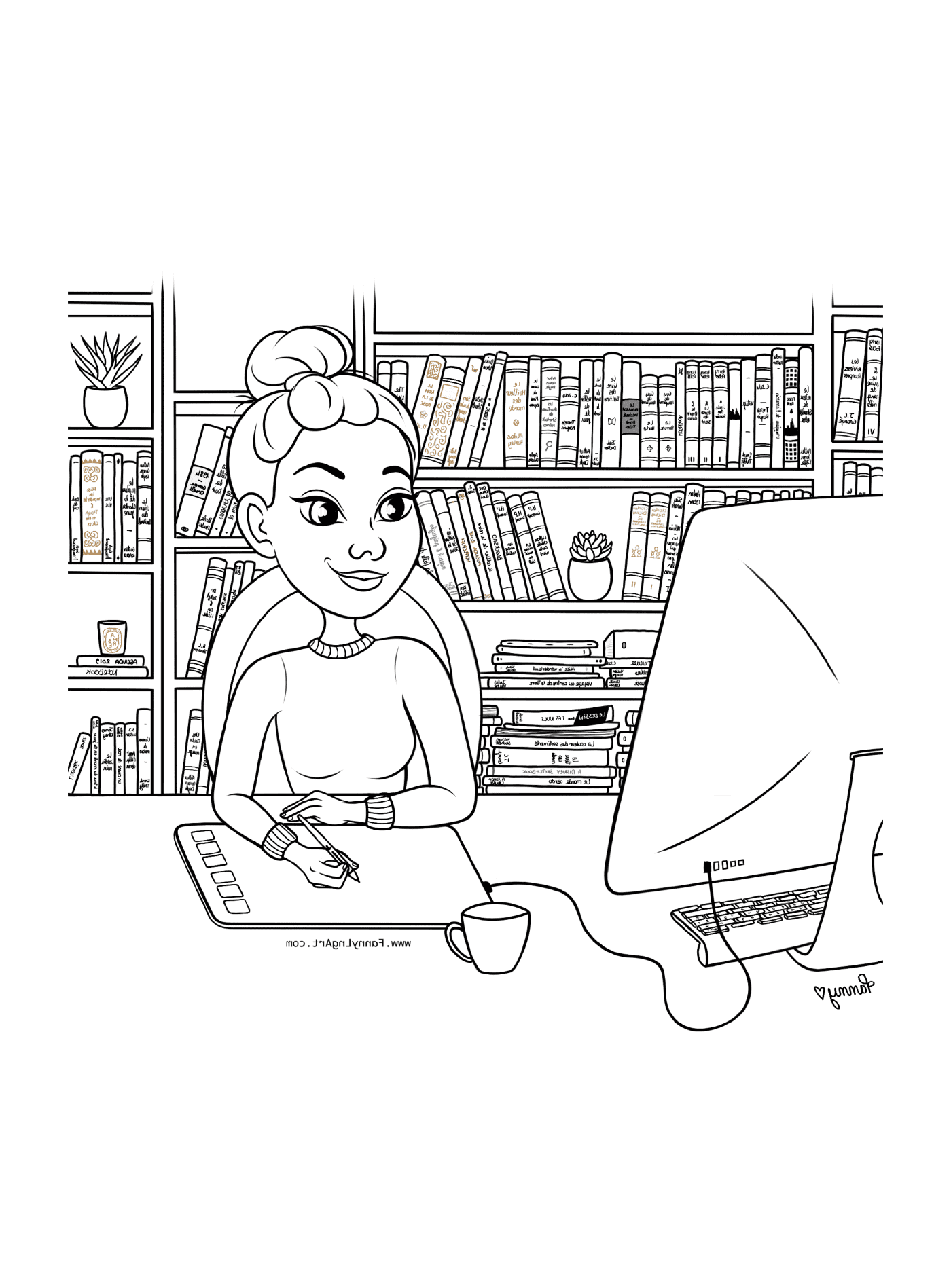   Femme assise devant un bureau d'ordinateur dans une bibliothèque 