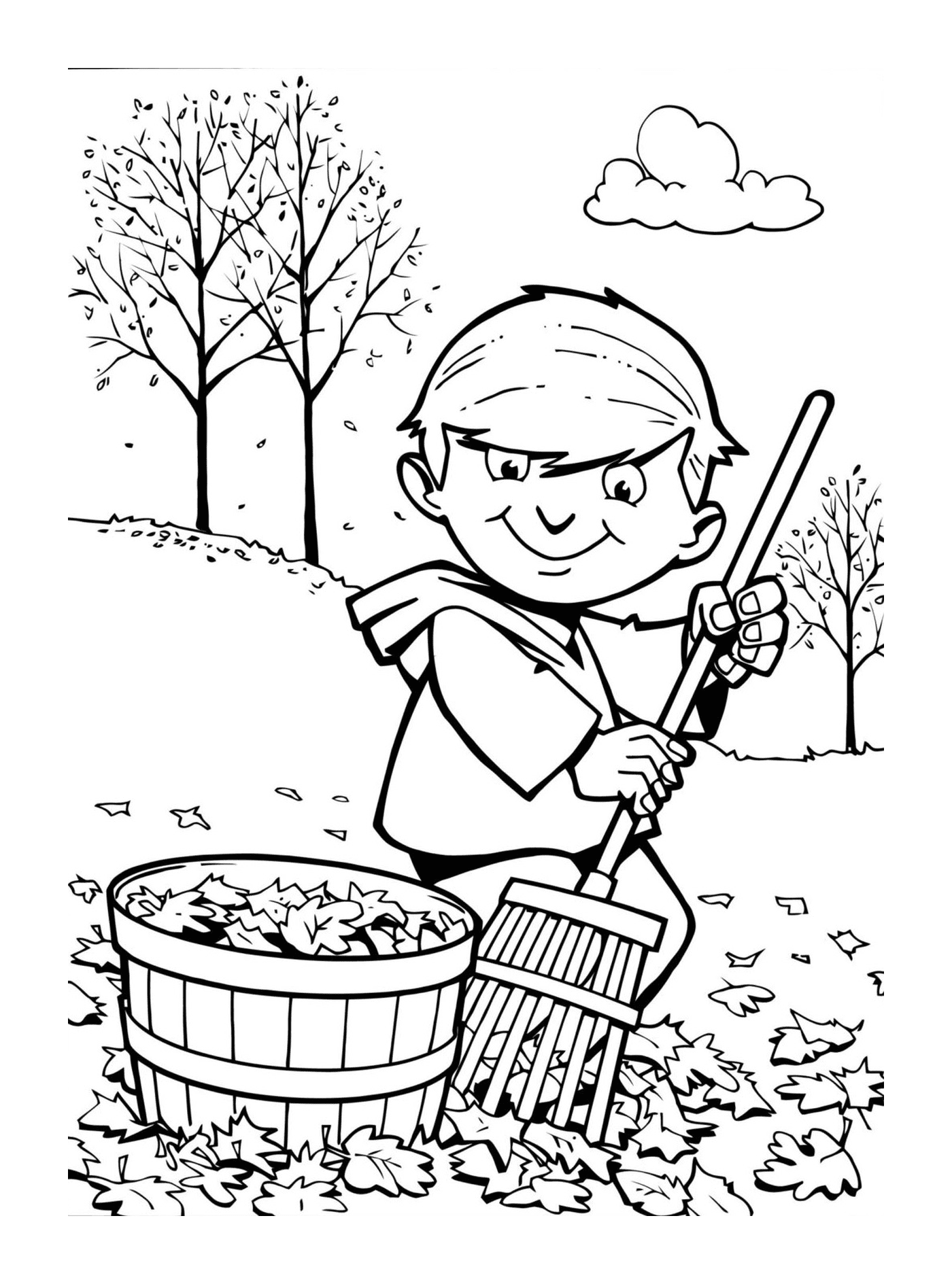   Enfant ramassant les feuilles d'automne 