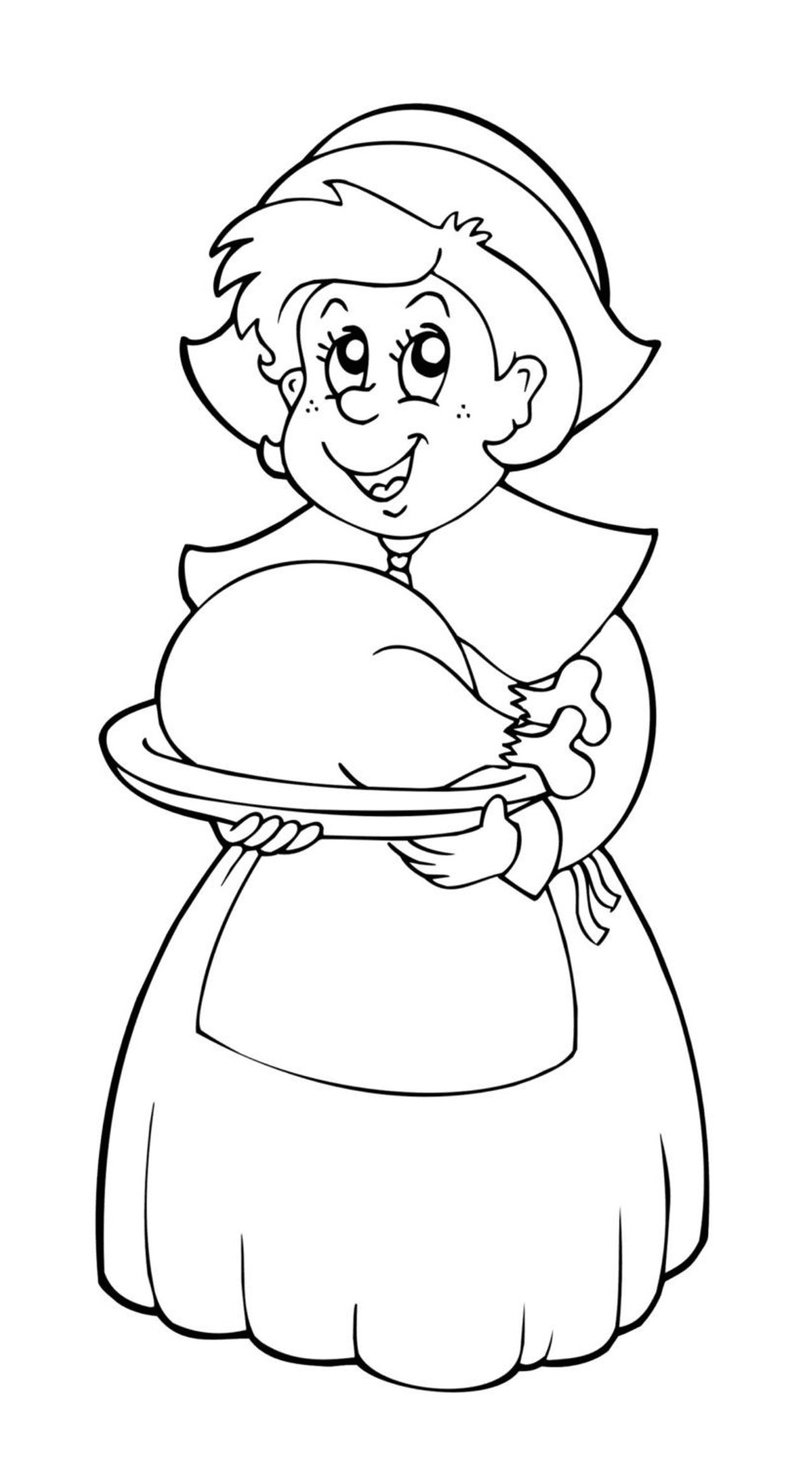   Une vieille femme tenant une assiette avec une dinde 