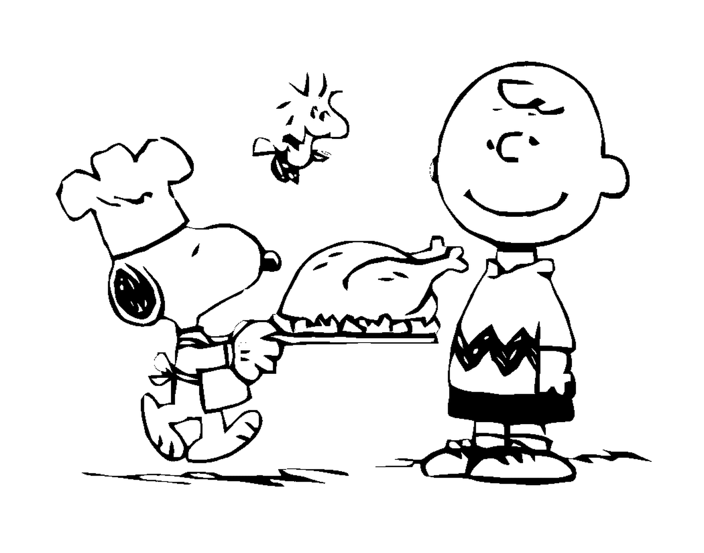   Un dessin en noir et blanc de Charlie Brown et Snoopy 