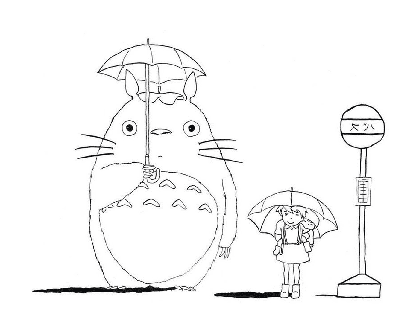   Totoro et une fille attendant le bus sous la pluie 