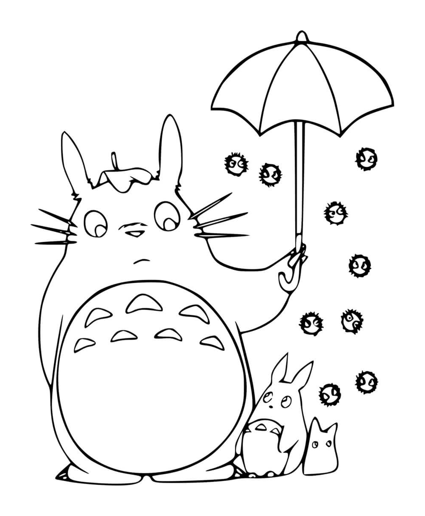  Totoro tenant un parapluie ouvert avec un enfant 