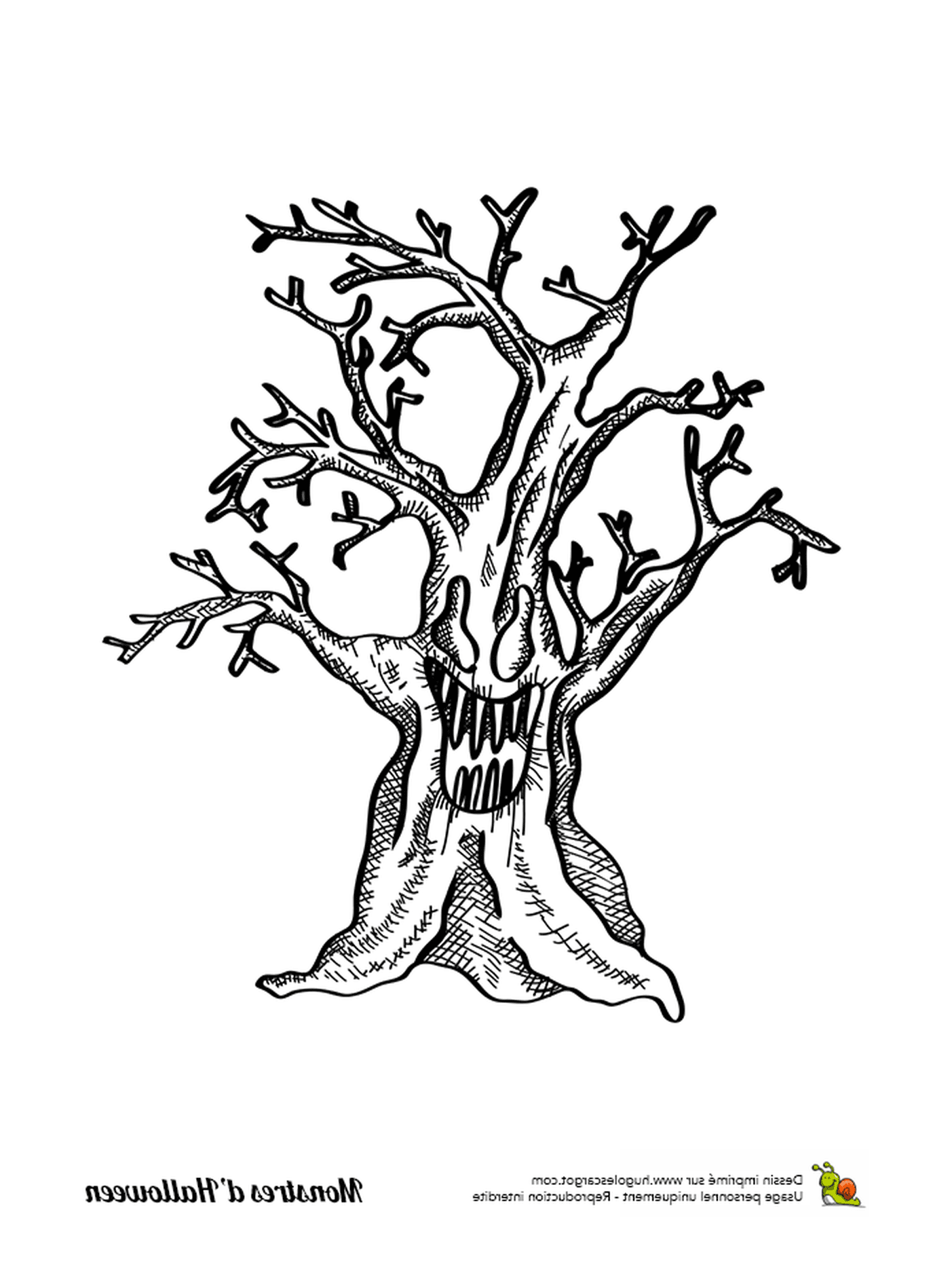   Une encre, un vieil arbre sans feuilles 
