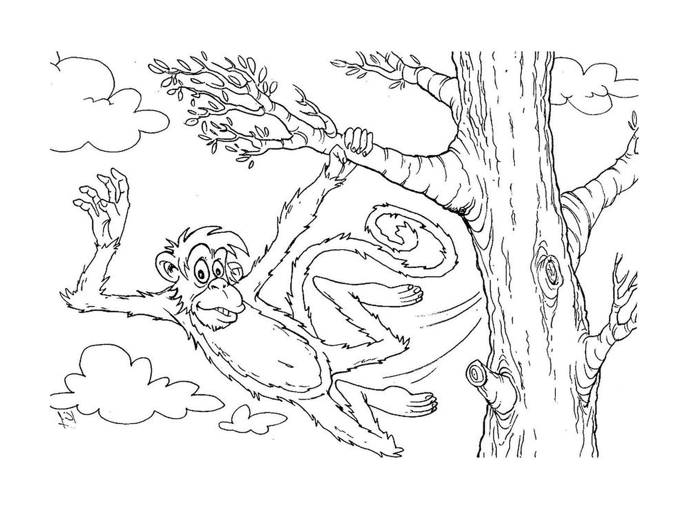  Un singe suspendu à un arbre 