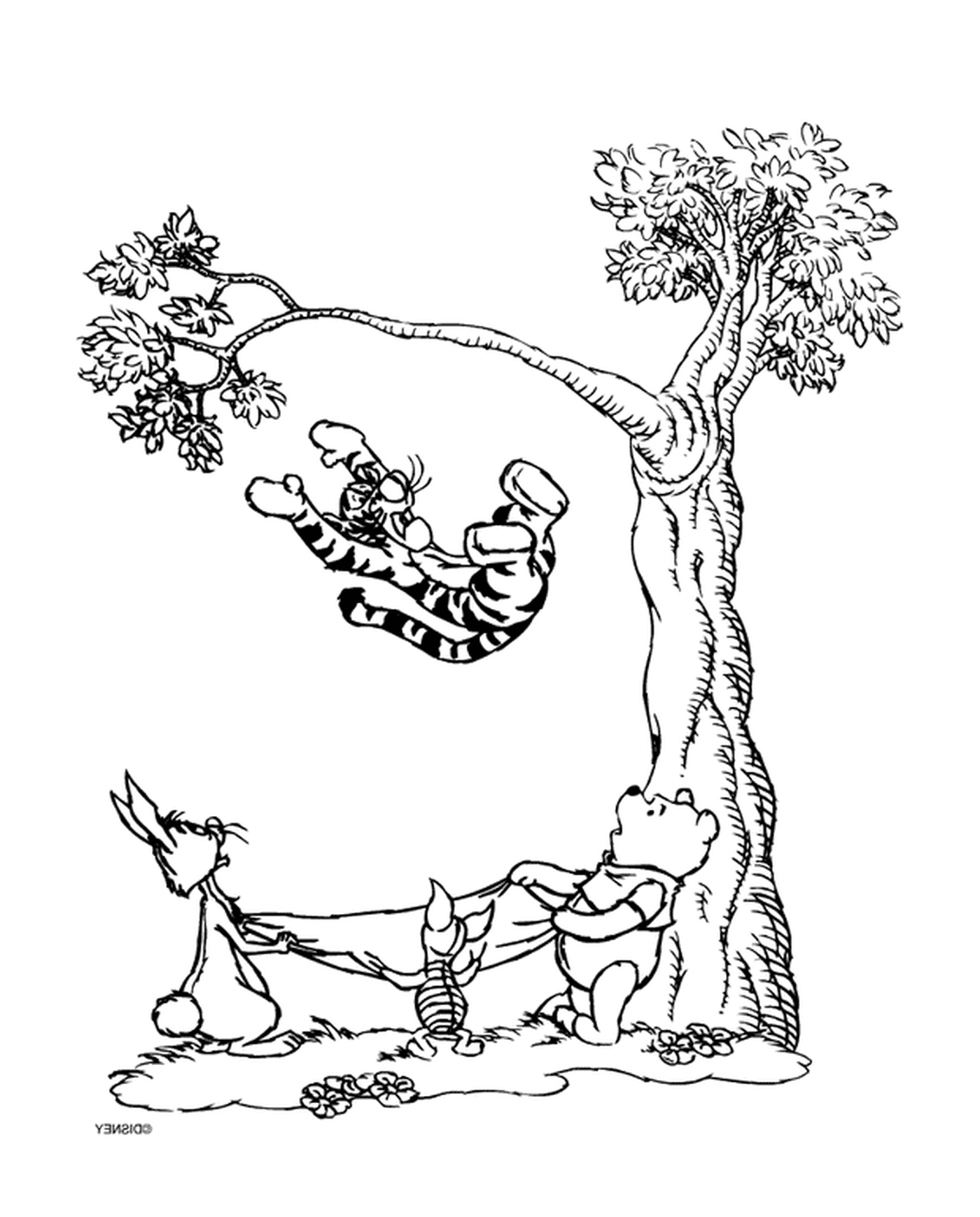   Winnie l'ourson et Tigrou sur une branche d'arbre 