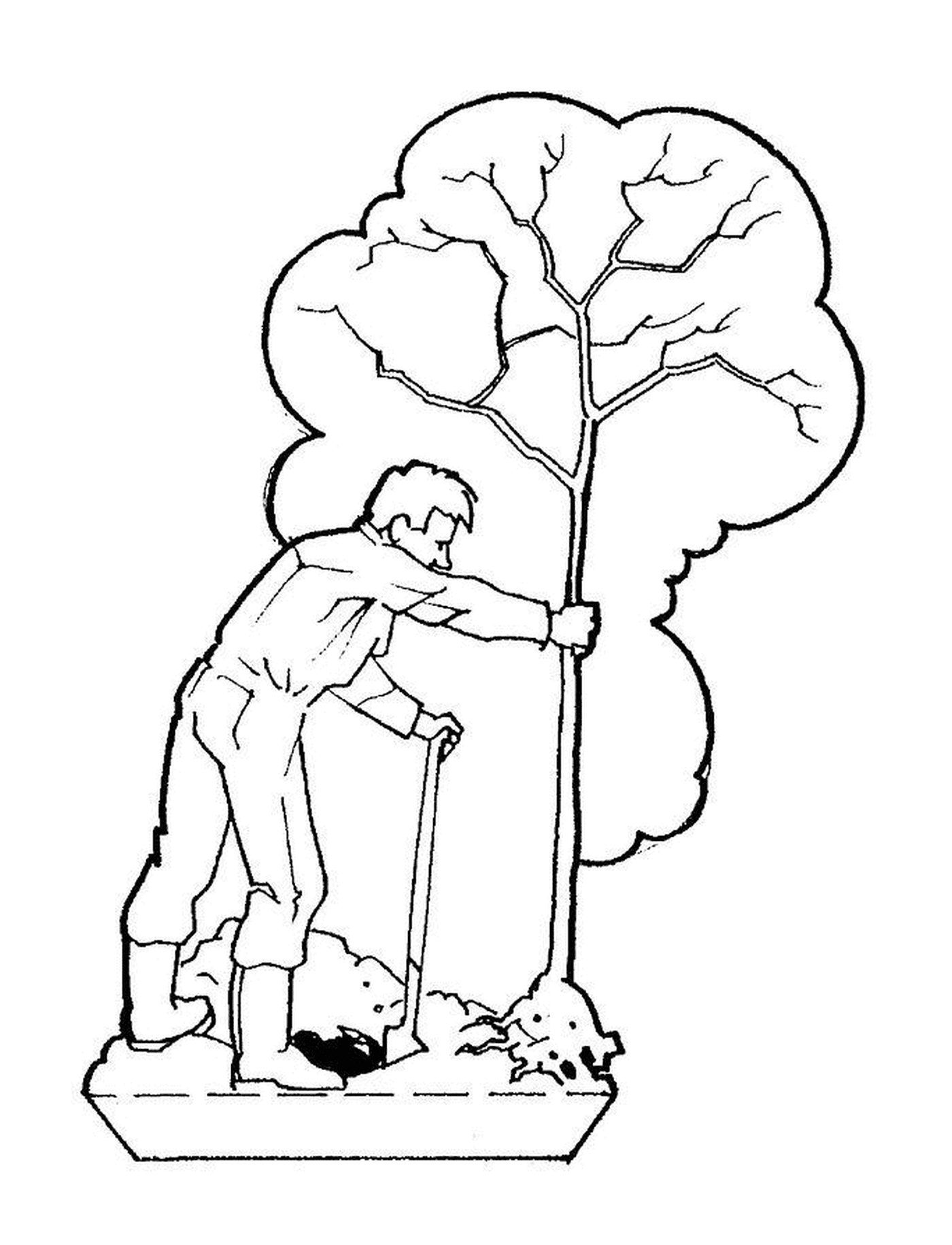   Un homme taille un arbre avec un bâton 
