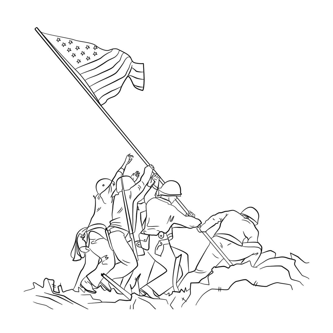   Groupe de personnes brandissant un drapeau lors de la levée du drapeau sur Iwo Jima 