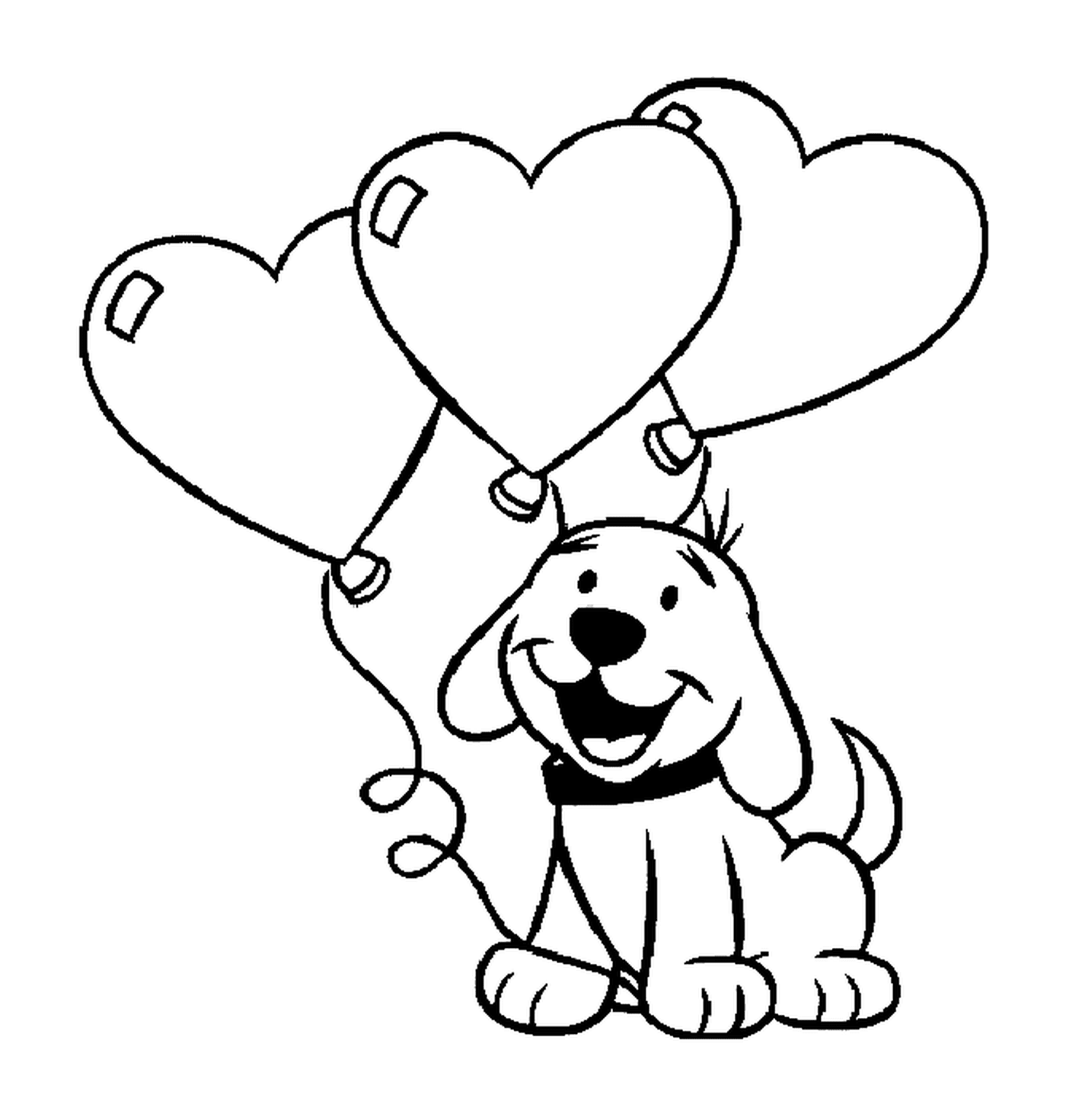   Un chien tenant des ballons en forme de cœur 