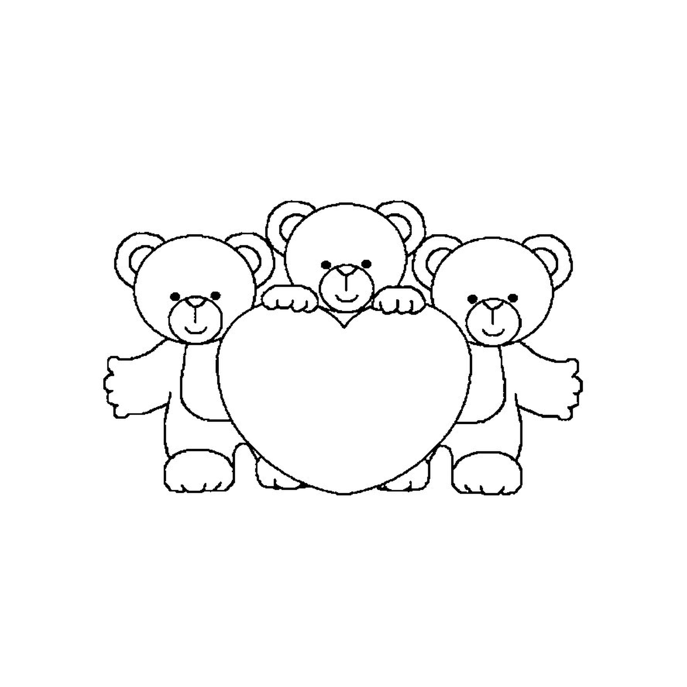   Trois ours en peluche tenant un grand cœur 