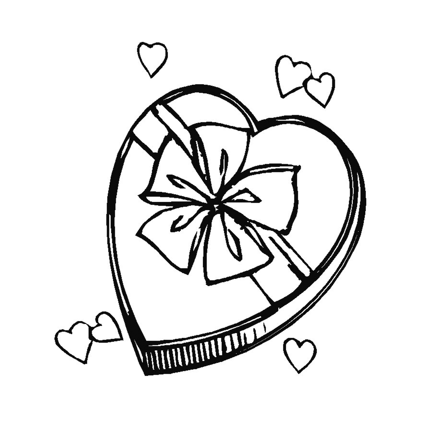   Une boîte en forme de cœur ouverte avec un nœud dessus 