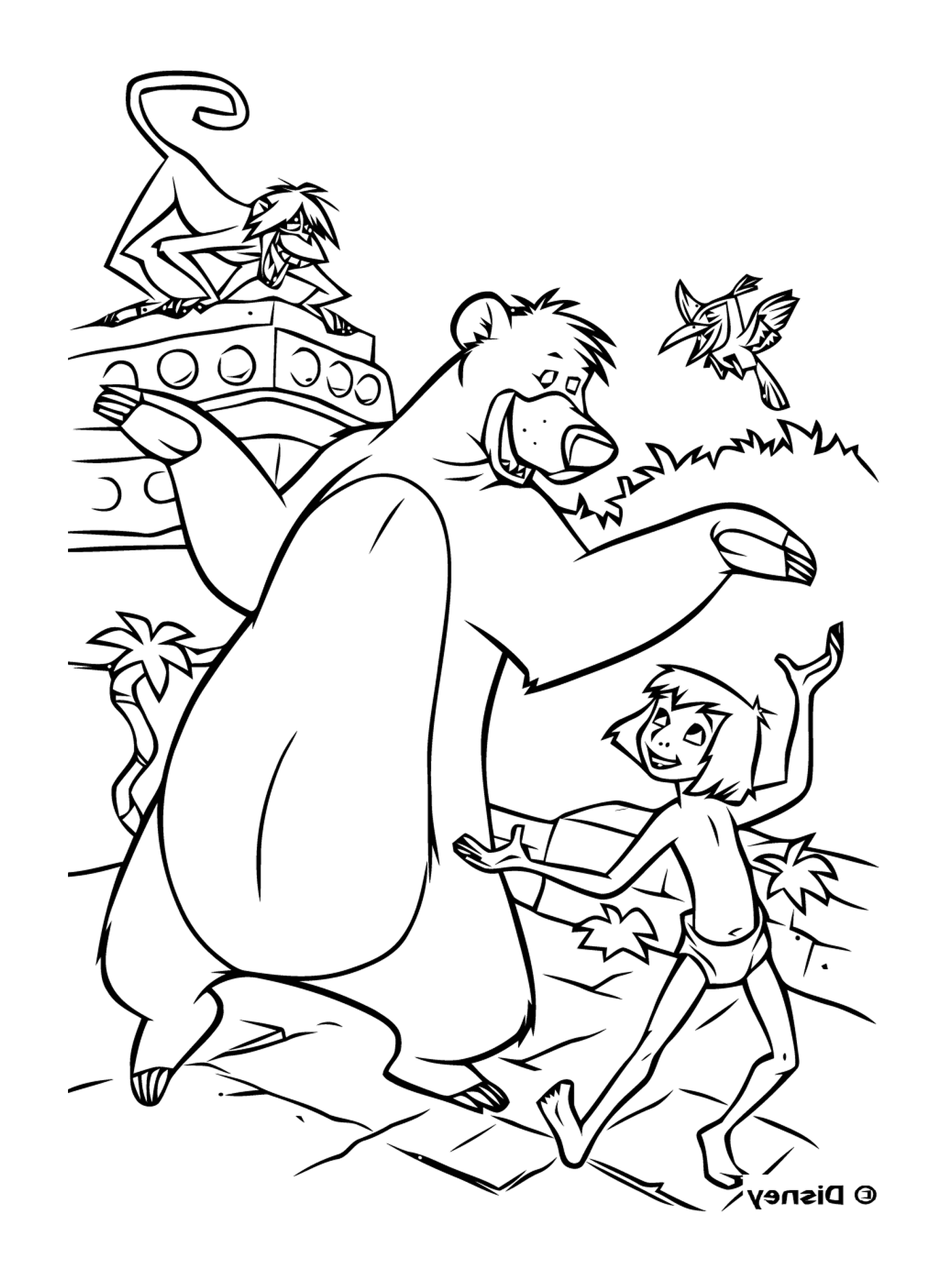   Un homme et un ours se tiennent devant un bateau 