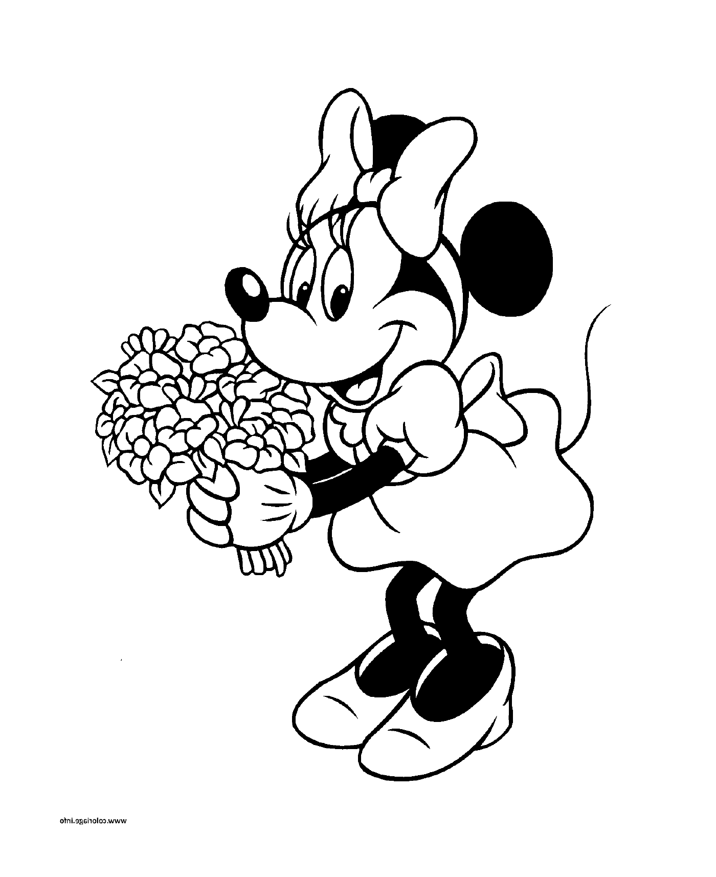   Minnie Mouse tient un bouquet de fleurs 