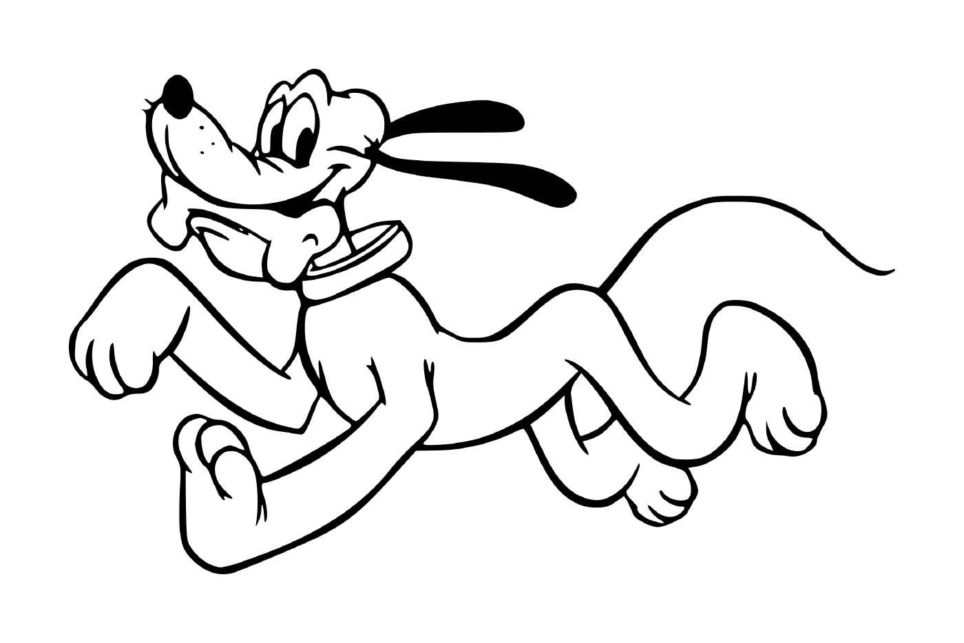   Pluto, le chien espiègle, court avec un frisbee dans la bouche 