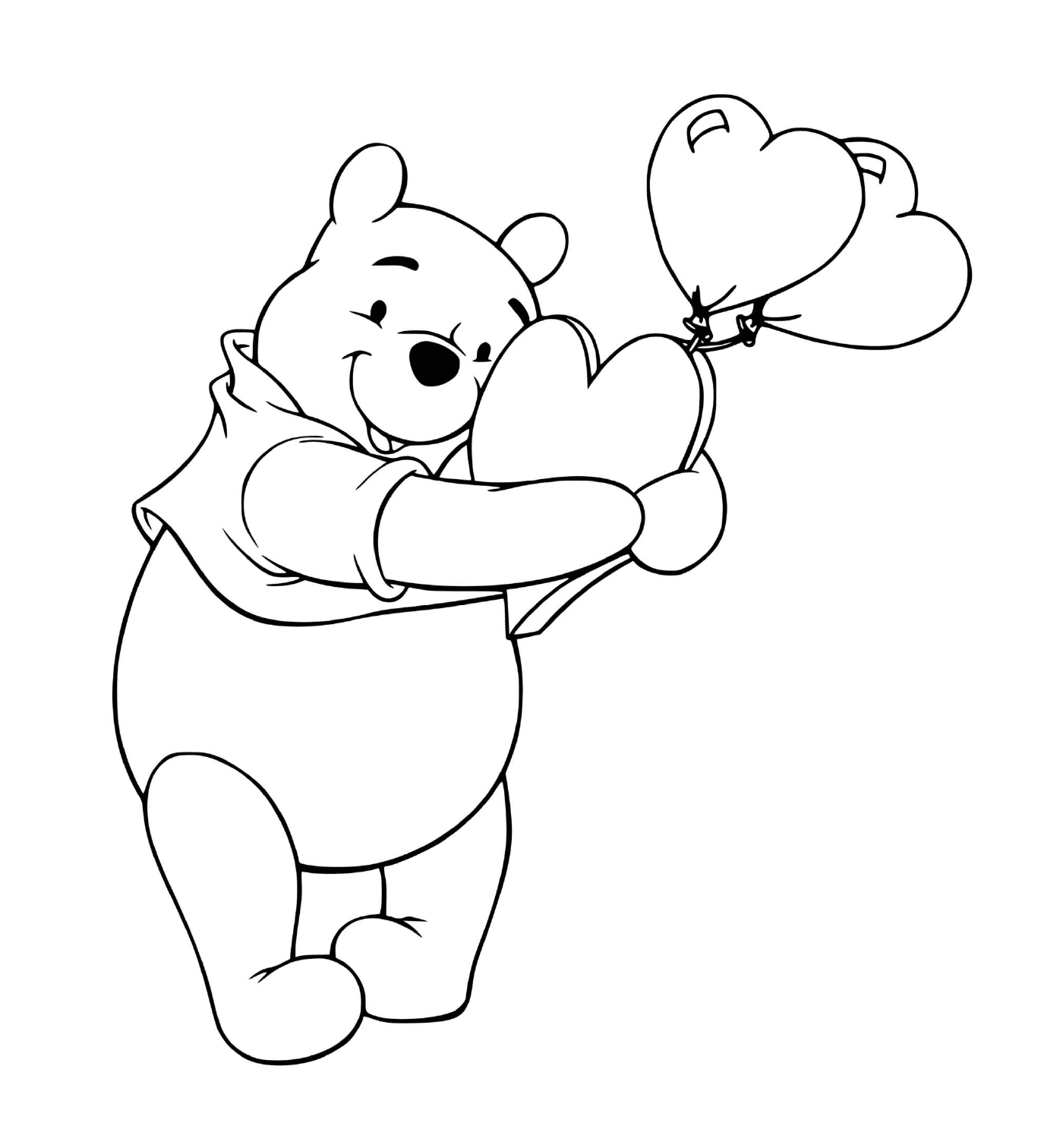   Winnie l'ourson avec des ballons en forme de cœur 
