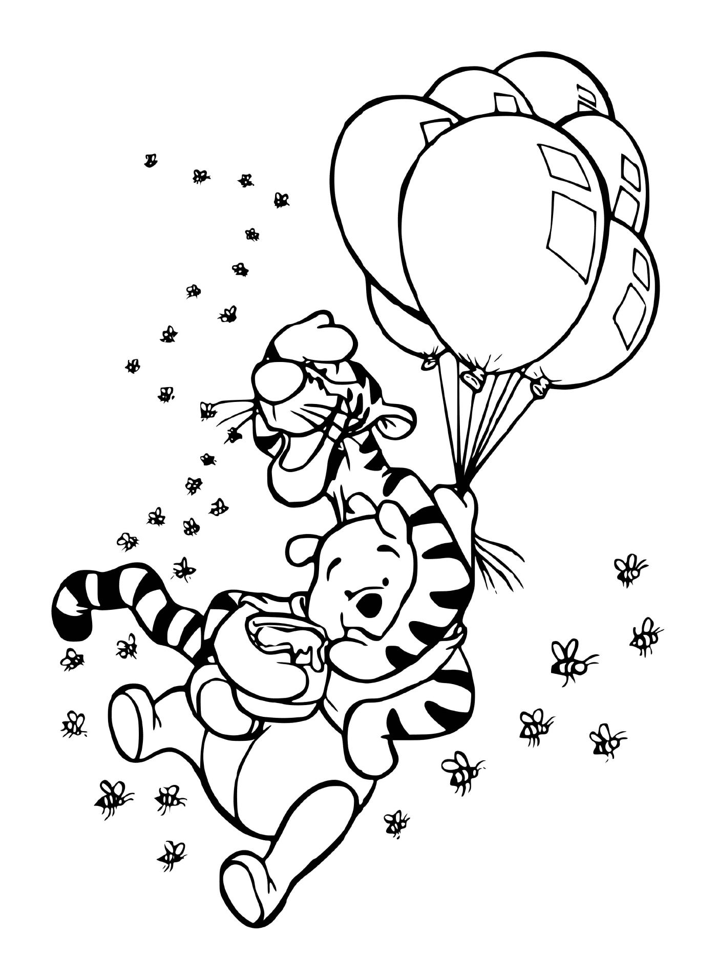   Tigrou et Winnie dans les airs avec des ballons et un pot de miel 
