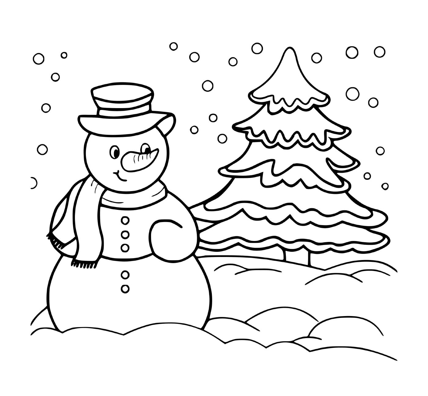  Paysage d'hiver avec sapin et bonhomme de neige 
