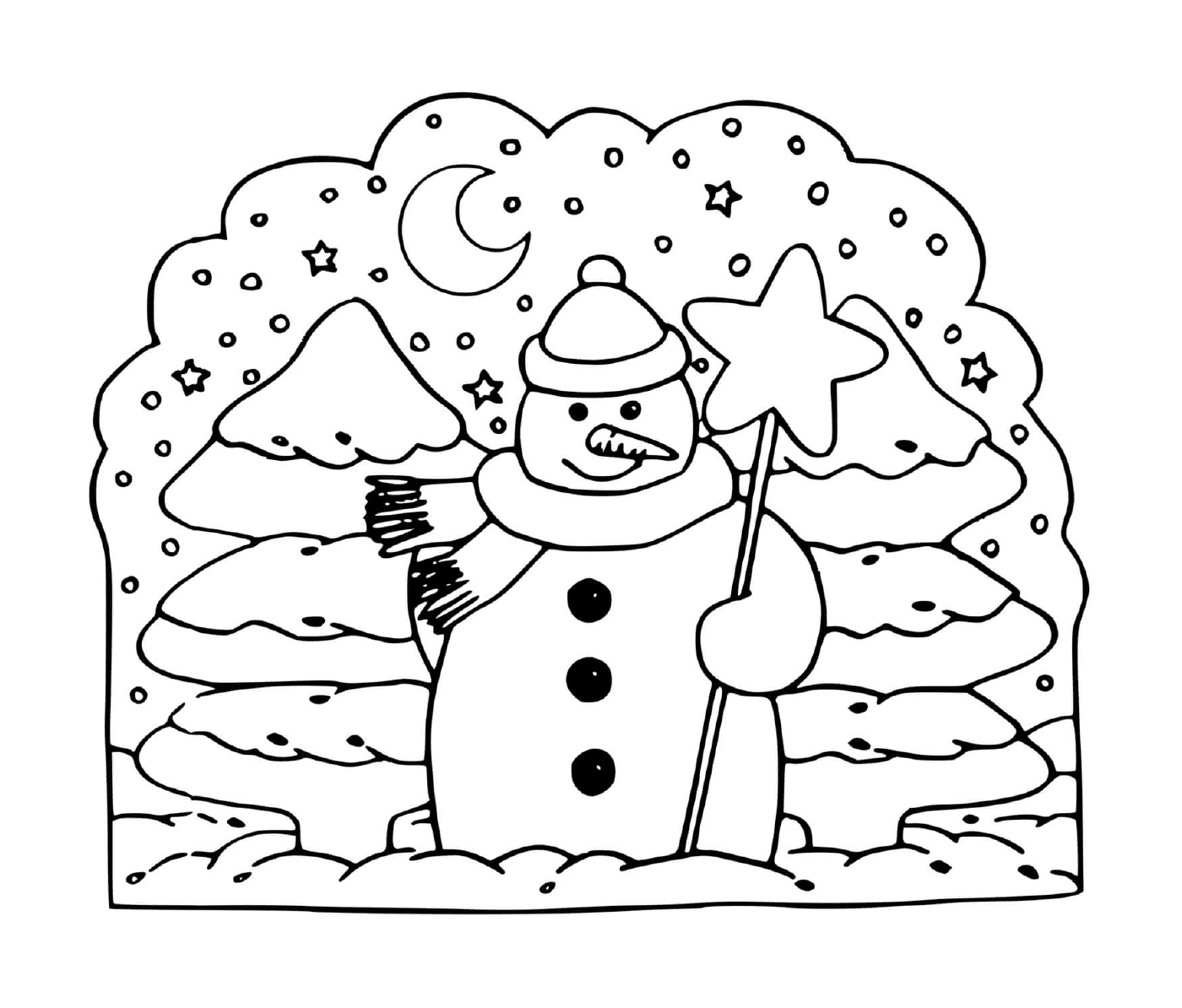   Bonhomme de neige à côté du sapin 