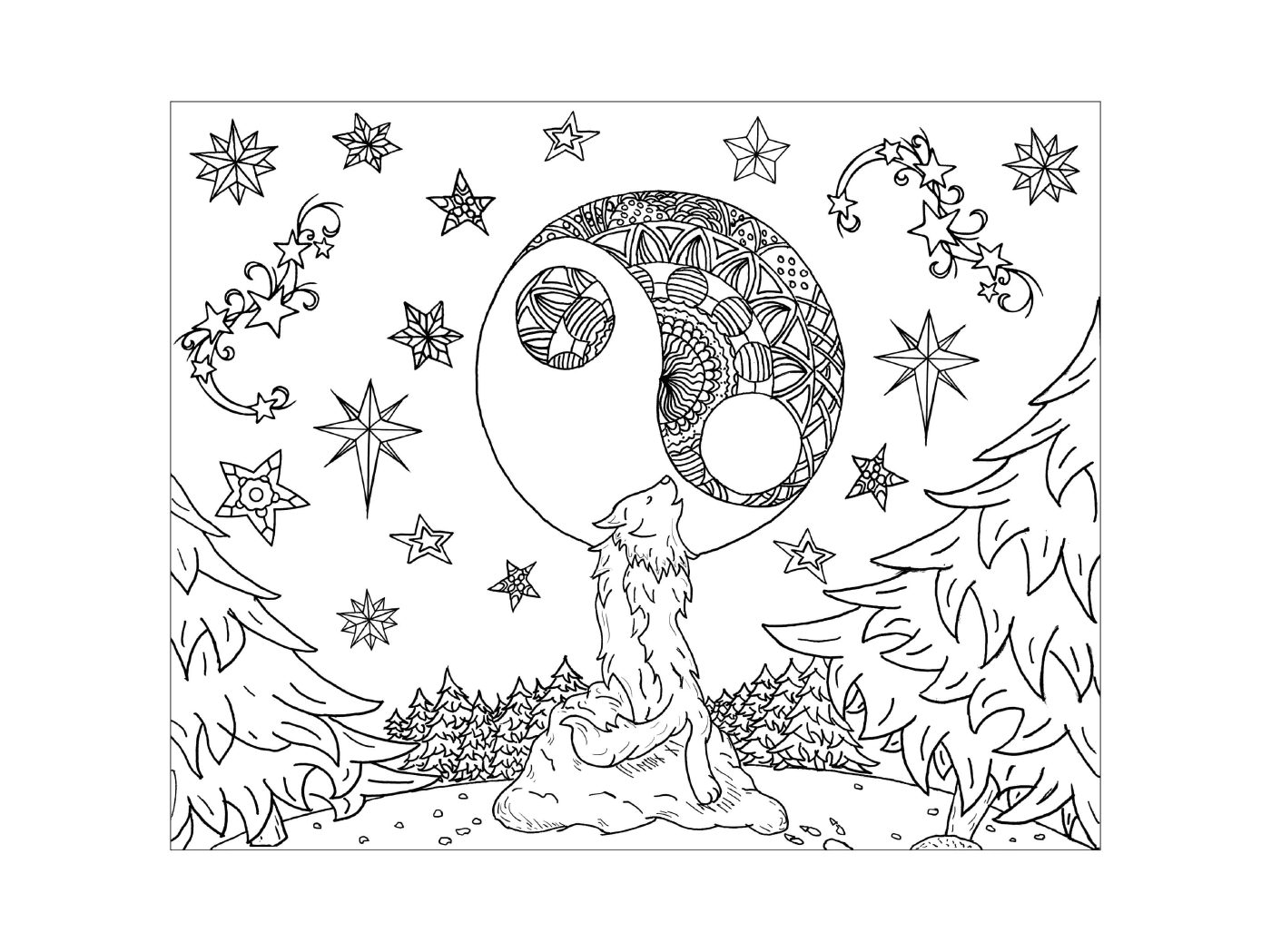   Loup assis sur un rocher avec une lune en mandala 